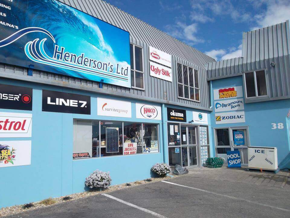 Storefront Showing Marine And Fishing Brands Sold At Hendersons Ltd in Blenheim NZ